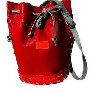 Rare Leather Bucket Bag Bright Red Pink Light Gray Drawstring Studded Strap